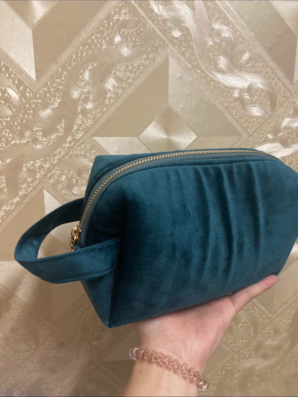 Plush Teal Velvet Cosmetic Case with Gold Zip